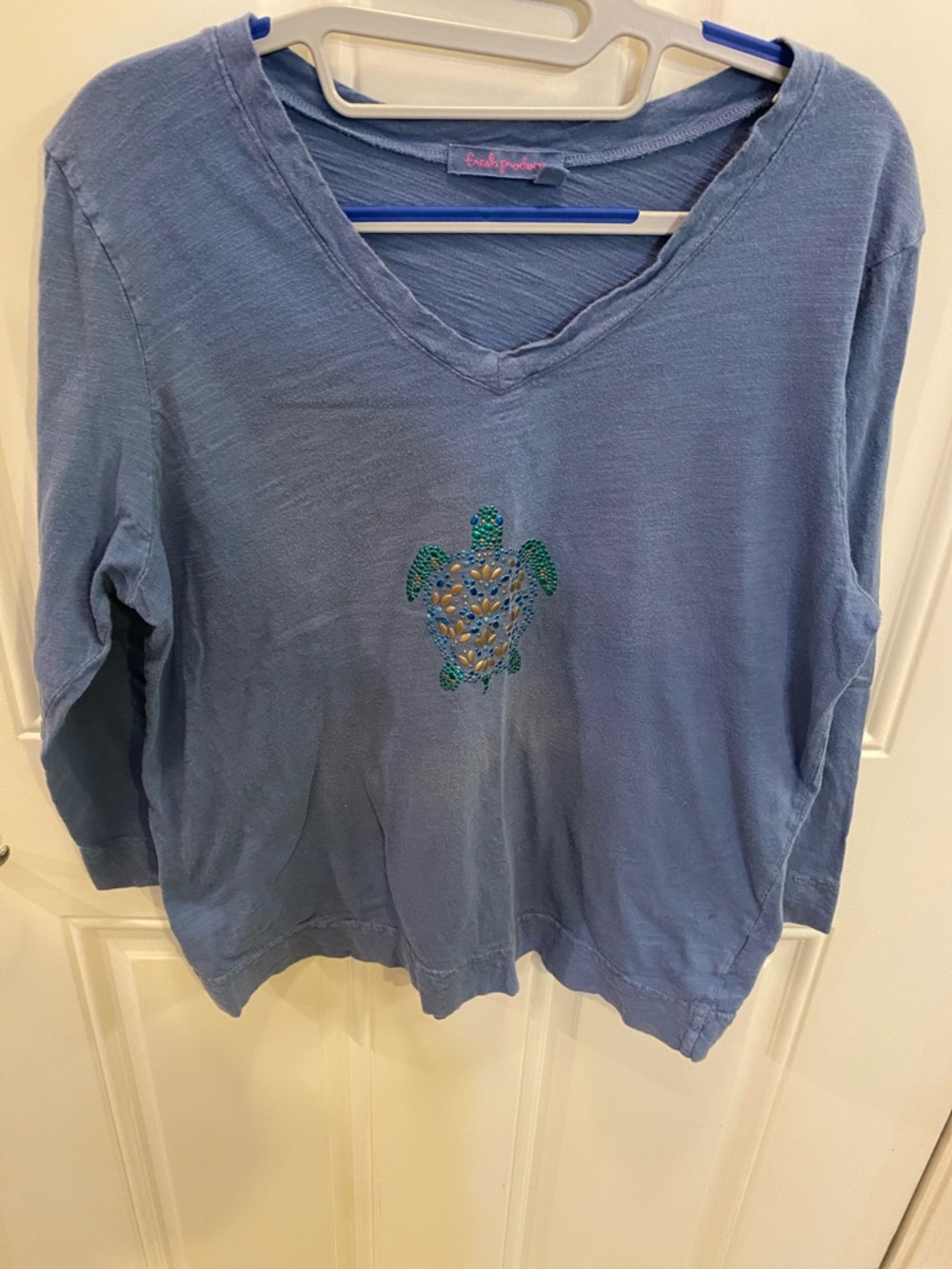 fresh produce Blue V-Neck 3/4  Sleeve Tee with Beaded Turtle